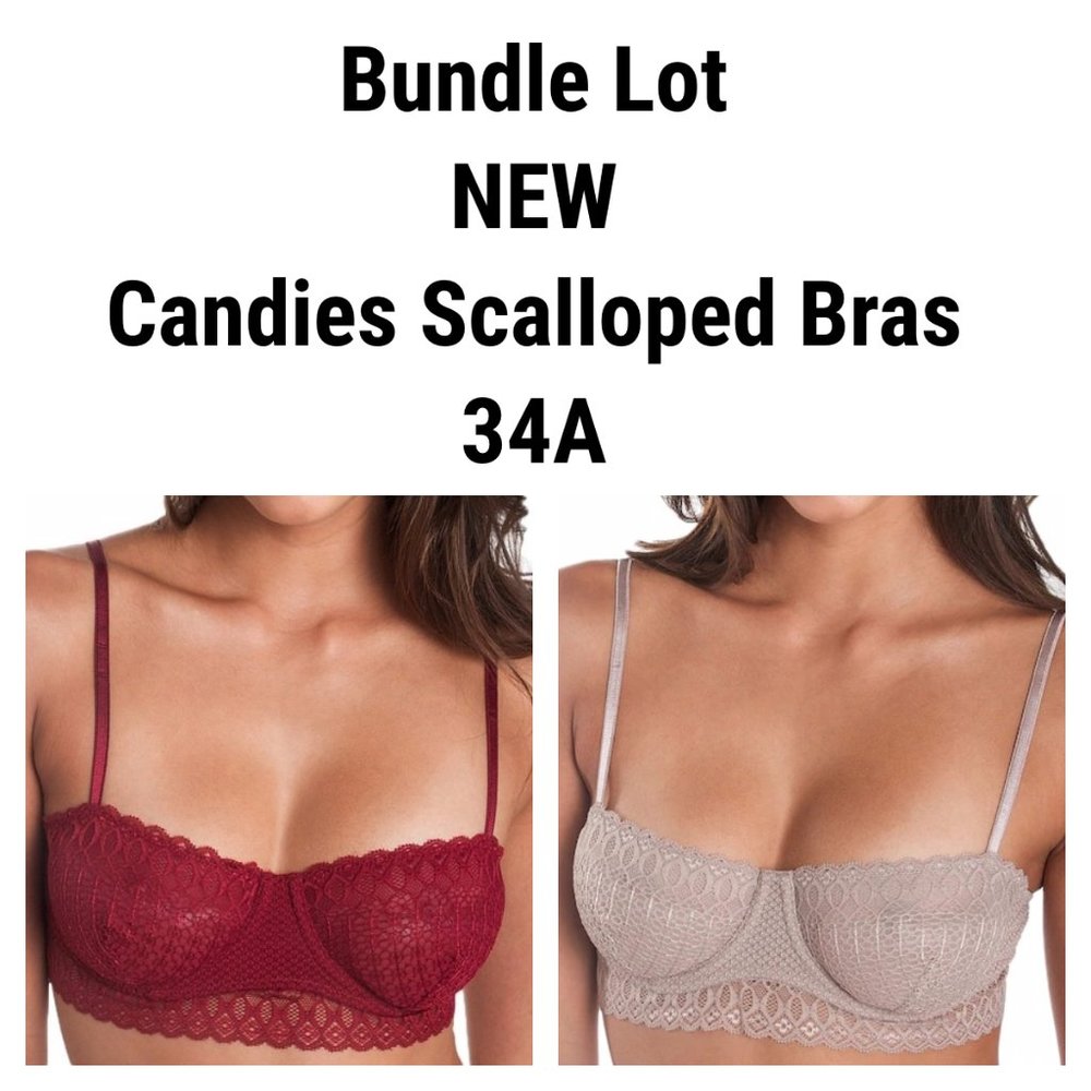 NWTCandies 2 Bras Scalloped Trim Unlined Red Tan 34A Mesh Adjustable Straps NEW